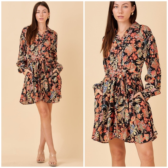 FEW LEFT❗️POLAGRAM Black Floral Long Sleeves Short Dress - Picture 3 of 8